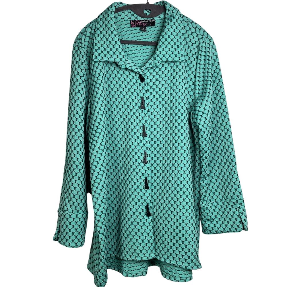 Peck & Peck - Green & Black Textured Blouse Size Large - Funky Buttons/80s Retro